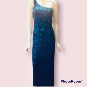 Vintage Water Signs Blue Sparkly One Shoulder Maxi Evening Dress